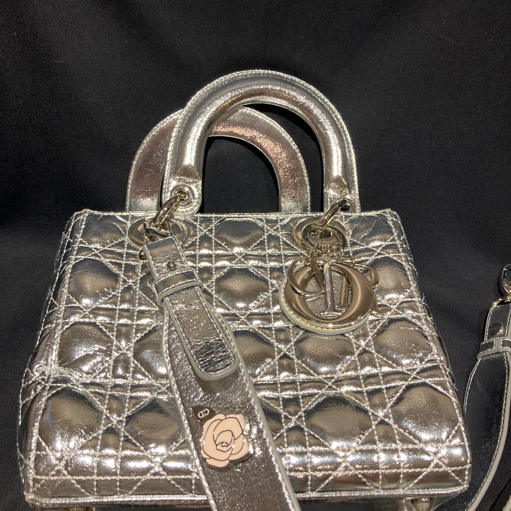 Cristian Dior Lady Dior leather quilted silver 2 way shoulder strap bag
